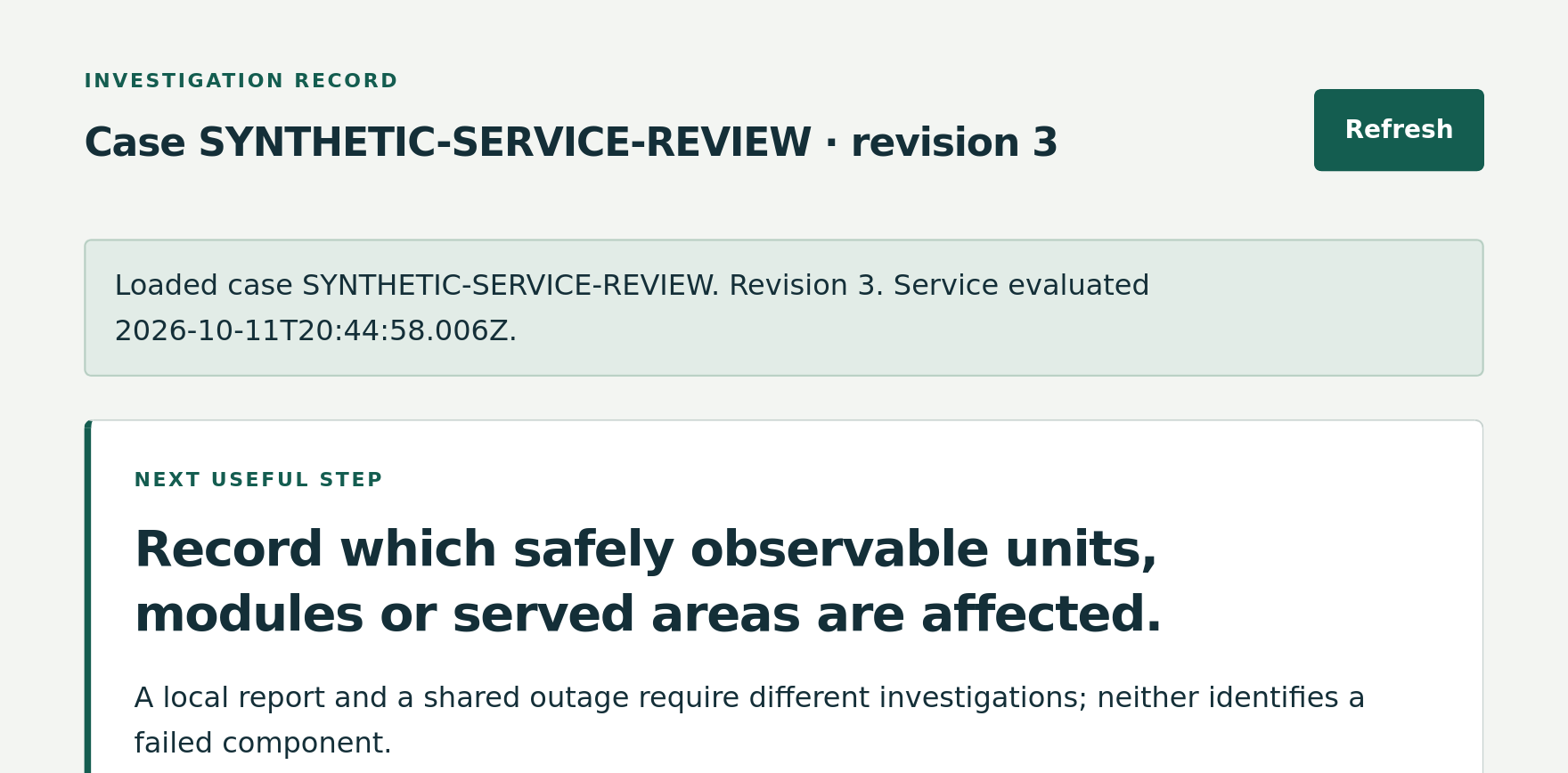 Actual Field prototype showing a synthetic stopped-system case and the next question: which units or served areas are affected.